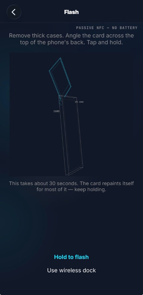 Flash screen: coaching copy, cyan wireframe phone and card diagram showing the contact point, Hold to flash (cyan) and an alternate option.