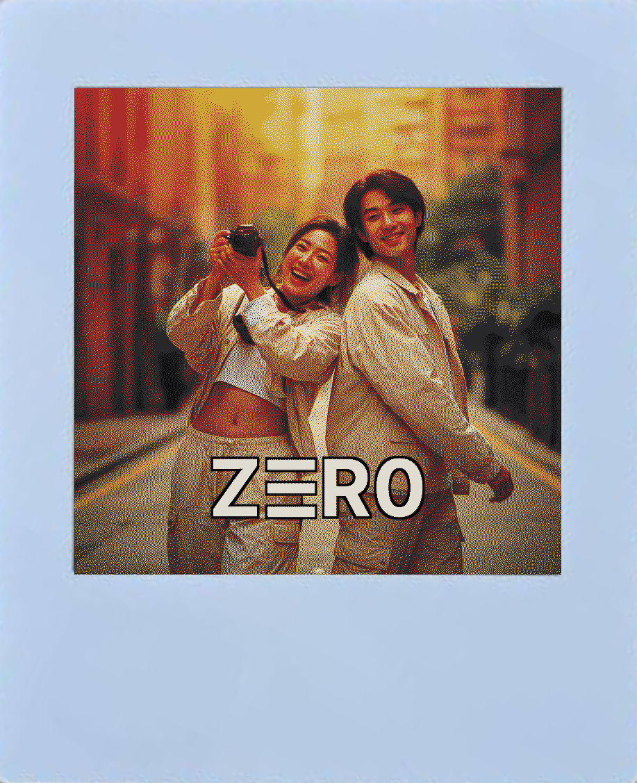 Card with a couple back-to-back on a street, woman raising a camera, golden-hour flare.
