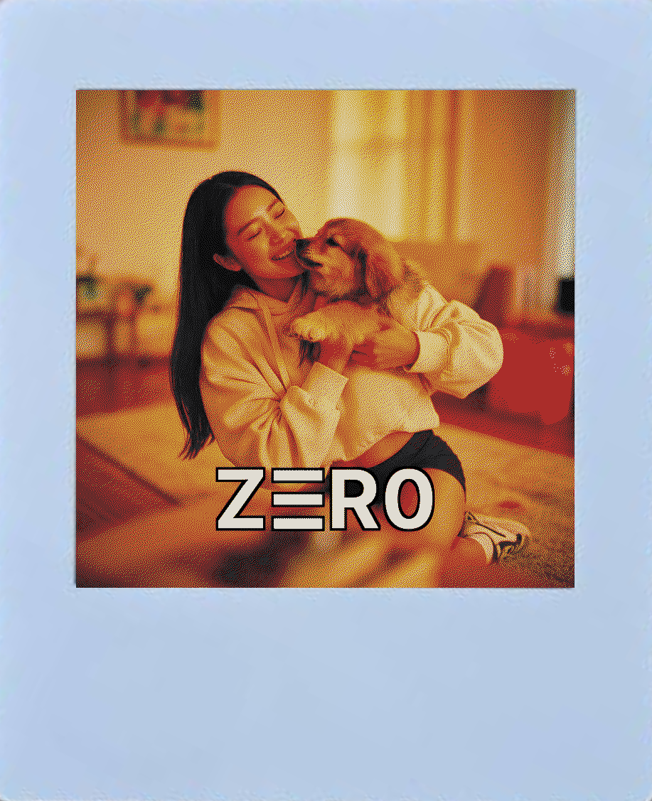 Card with a woman hugging a tan puppy in warm indoor daylight.