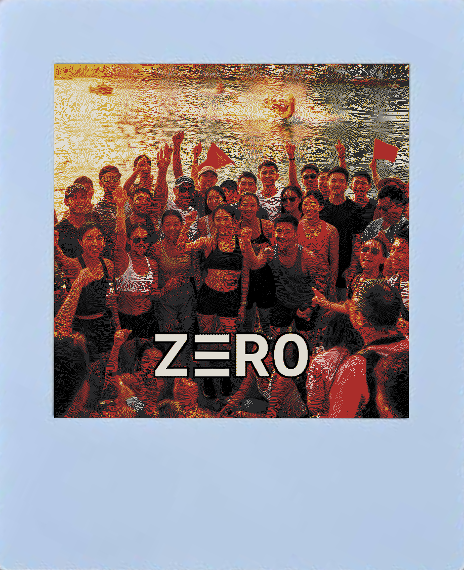 Card with a dragon-boat crowd at golden hour, red flags.