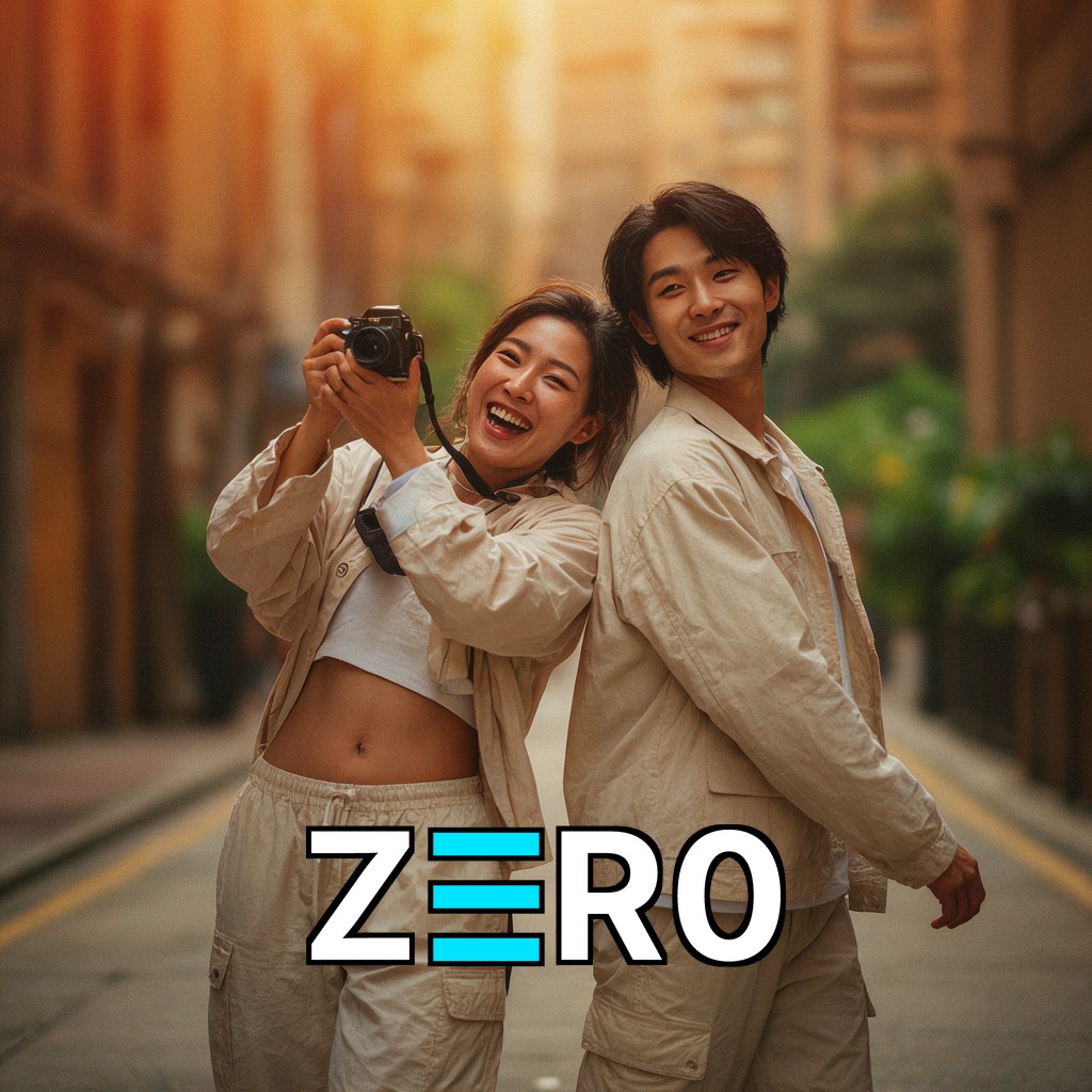 Golden-hour street couple: the woman is raising a camera. Clean source photograph before any on-card rendering.