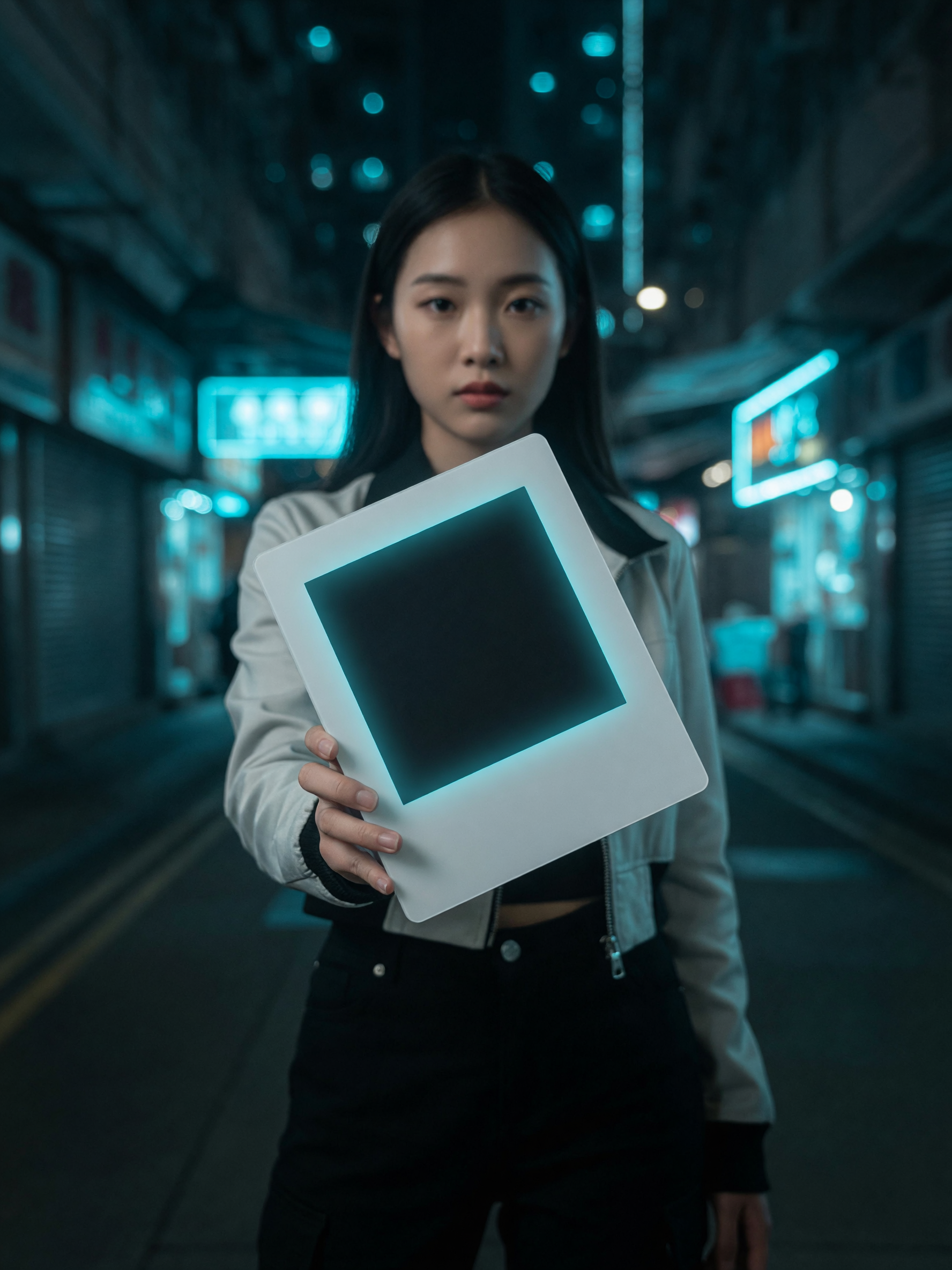 Woman holding the glowing card in a Hong Kong night street