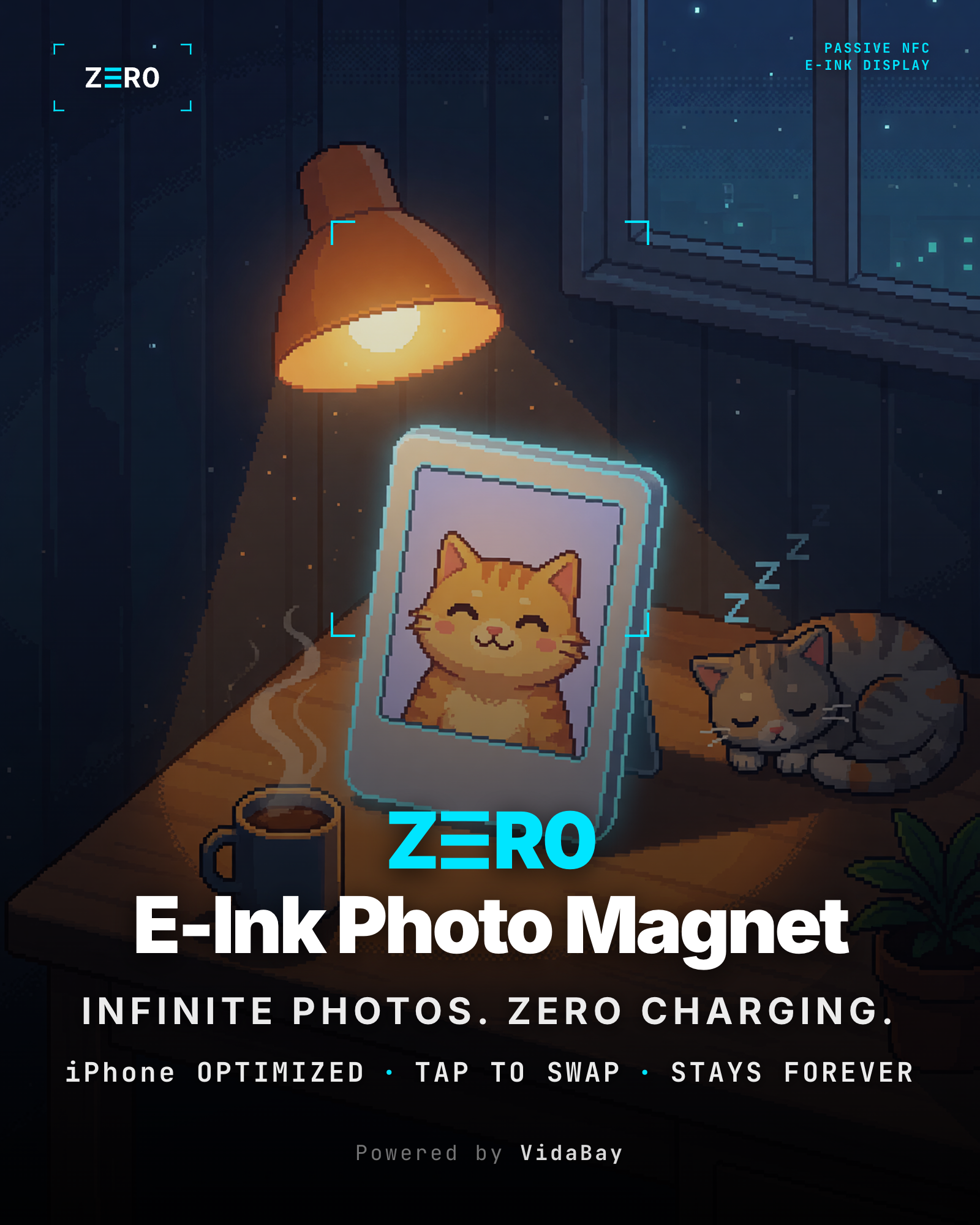 Pixel-art night desk poster with cat and card